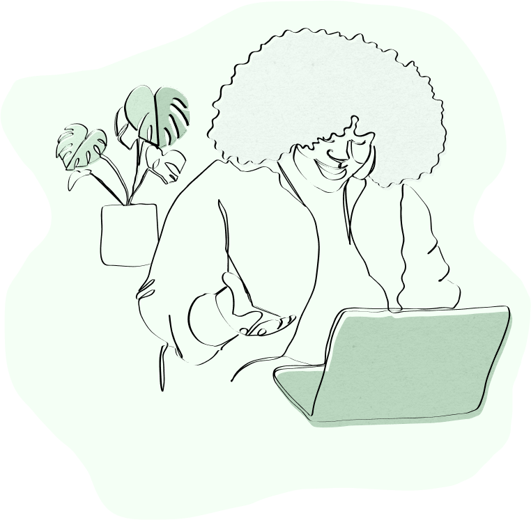 Fine lined illustration of a person using a laptop computer, smiling and gesturing.