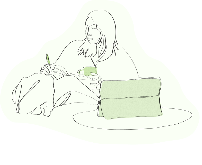 Fine lined illustration of a person seated under a blanket, writing in a notebook and holding a mug. In front of them on a round coffee table is a tablet sitting upright facing them.