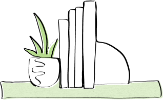 Fine line illustration of a shelf with a potted plant and books